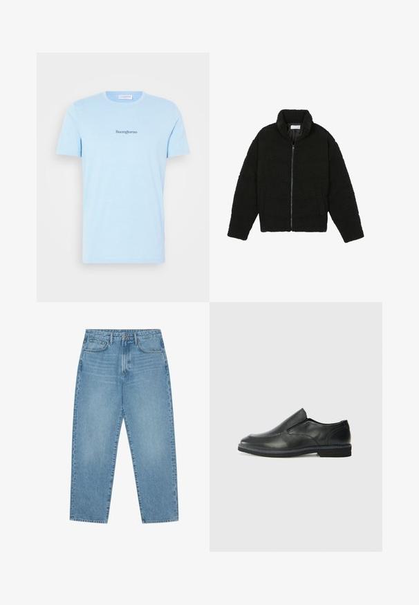 Casaco de pelo sintético preto com gola alta, fecho de zip, punhos elásticos e um design acolchoado. Apresenta bolsos laterais e uma textura suave.; T-shirt de algodão azul claro com mangas curtas e decote redondo. Apresenta o texto "Buongiorno" em azul-escuro centrado no peito.; Jeans de ganga de perna larga em azul-claro com cintura alta, apresentando cinco bolsos, passadores para cinto e uma textura suave, ligeiramente desbotada.; Sapato slip-on preto em pele com um upper liso, acabamentos cosidos, bico arredondado e um salto de borracha baixo. A sola apresenta um padrão de aderência mínimo.