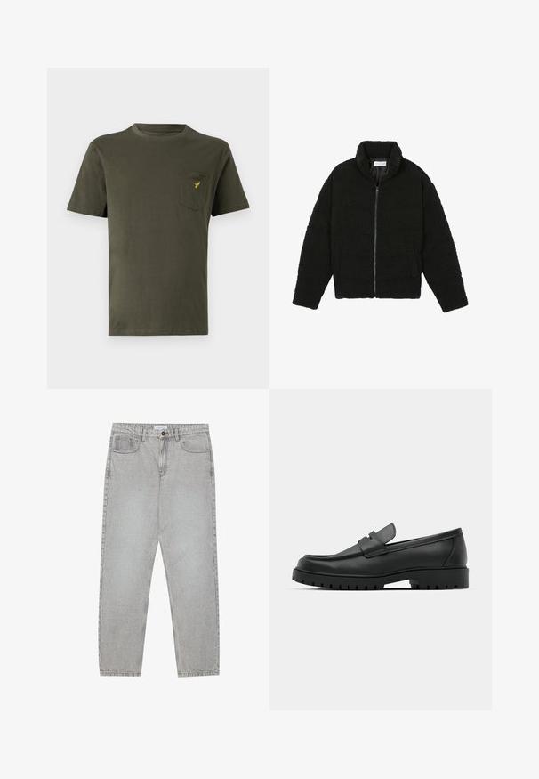 Casaco de pelo sintético preto com gola alta, fecho de zip, punhos elásticos e um design acolchoado. Apresenta bolsos laterais e uma textura suave.; T-shirt de algodão verde-azeitona com decote redondo, mangas curtas e um bolso no lado esquerdo do peito com um pequeno logótipo amarelo. Textura suave.; Calças de ganga cinza claro com um design de perna reta, estilo de cinco bolsos e fecho com botão. Costura visível ao longo das costuras.; Sapatilhas de couro preto com bico arredondado, apresentando um design cosido, sola de plataforma baixa e um solado de borracha texturizado e com cravos.