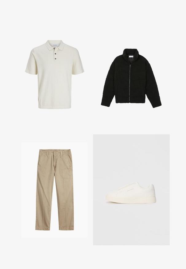 Svart fuskepelsjakke med høy krage, glidelås, elastiske mansjetter og quiltet design. Har sidelommer og en myk tekstur.; Hvit kortermet polo skjorte laget av myk, teksturert stoff, med krage og tre mørke knapper ved knappestolpen.; Beige straight-leg chinos med beltehemper, frontlukking med knapp og glidelås, og skrå frontlommer.; Hvite slip-on joggesko med teksturert overflate, tykk såle og minimalistisk design. Har merkevarelogo på siden.