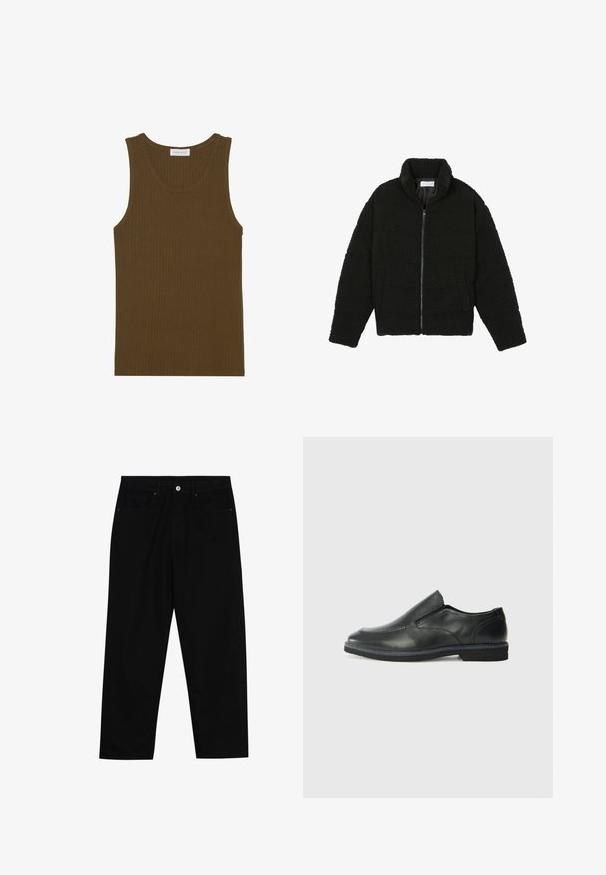 Zwarte faux fur jas met een hoge kraag, ritssluiting, elastische manchetten en een doorgestikt ontwerp. Beschikt over zijzakken en een zachte textuur.; Geribbelde tanktop in donker olijfgroen, met een ronde halslijn en zonder mouwen, afgewerkt met nette randen en een zachte textuur.; Zwarte denim broek met een recht gesneden pasvorm, vijf gebruikersvriendelijke zakken en een sluiting met een knoop aan de voorkant. Soepele textuur met minimale stikdetails.; Zwarte leren instapper met een soepele bovenkant, gestikte accenten, ronde neus en een lage rubberen hak. De zool heeft minimale profiel.