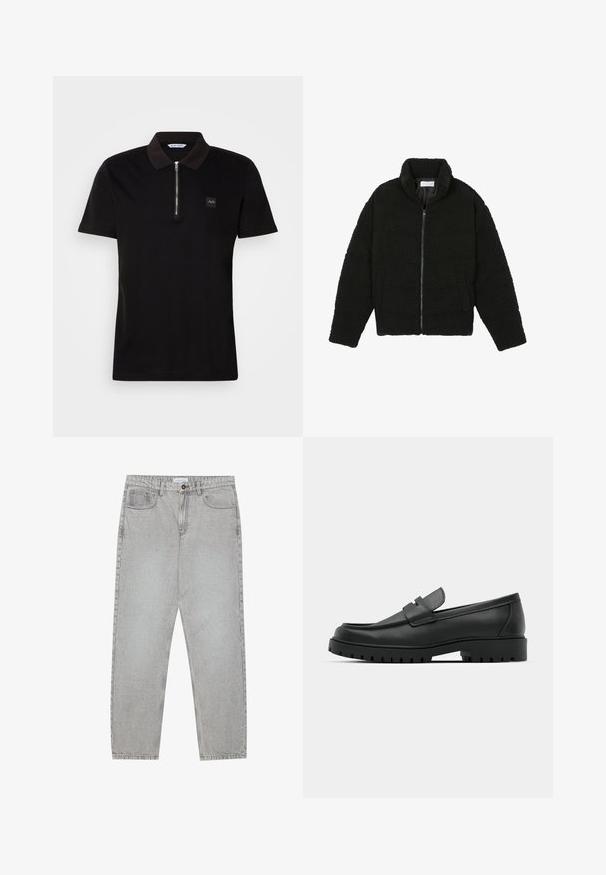 Must must karusnahast jakk kõrge kraega, lukuga sulgemine, elastsed varrukad ja tikandmuster. Omab küljetaskuid ja pehmet tekstuuri.; Must värvi polo särk lühikese lukuga krae, puuvillane kangas, rinnal väike logosilt ja lühikesed varrukad.; Heledad hallide denimpüksid otse säärekujundusega, viie-taskulise stiliseerimise ja nupukinnitusega. Nähtav õmblus kõrvuti.; Mustad musta nahast loafers, millel on ümar varvas, tikandiga disain, madal platvorm-soon ja tekstureeritud, soonikkummist välistald.