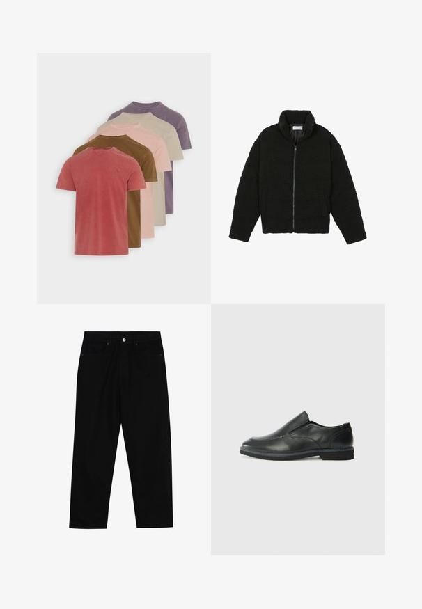 Sort faux fur jakke med høj krave, lynlås lukning, elastiske ærmer og et quiltet design. Har sidelommer og en blød tekstur.; Sæt af fem kortærmede bomulds t-shirts i forskellige afdæmpede farver: rød, brun, pink, beige og lilla. Hver har en rund halsudskæring.; Sorte denimbukser med lige ben, fem lomme-design og knaplukning foran. Glat tekstur med minimale syninger.; Sorte læder slip-on sko med en glat overdel, syede detaljer, rund tå og en lav gummihæl. Sålen har minimal profil.