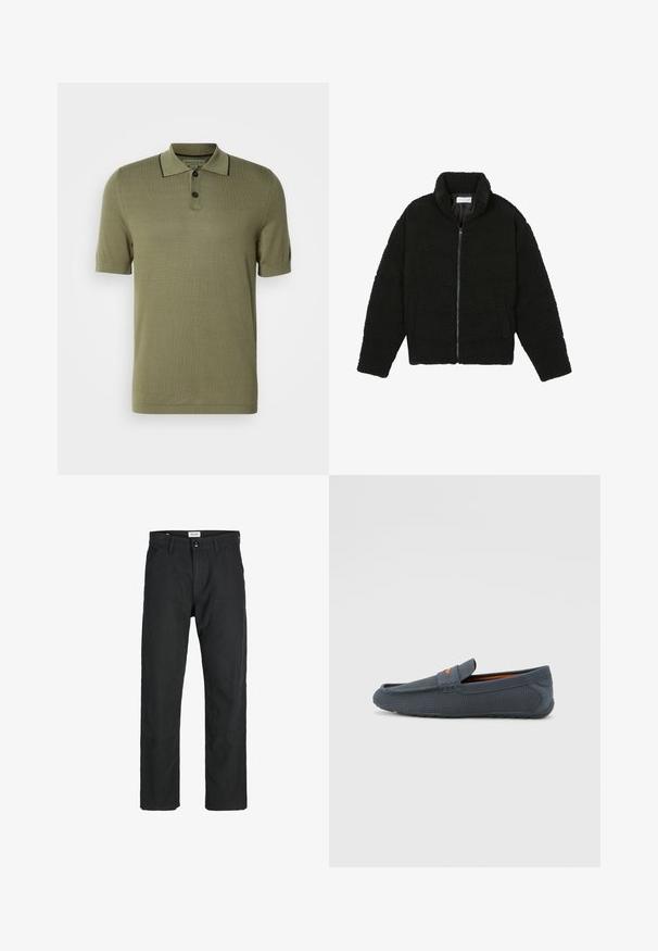 Črna jakna iz umetnega krzna z visokim ovratnikom, z zadrgo, elastičnimi manšetami in kviltanim dizajnom. Ima stranske žepke in mehak tekstur.; Olivnozelena polo majica s kratkimi rokavi z dvema črnima gumboma in črnim robom ob robu ovratnika.; Črne hlače iz trpežnega materiala, s krojem naravnih nog, našitki ter dvema sprednjima žepoma za funkcionalnost.; Sive perforirane loferice z običajnim zapiranjem, ki imajo oranžen akcent, okroglo konico in teksturiran gumijast podplat.