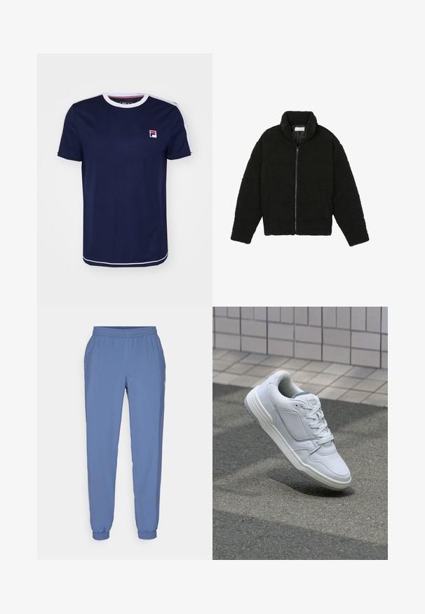 Crna jakna od umjetnog krzna s visokim ovratnikom, zatvaranjem na zip, elastičnim manžetama i kviltanim dizajnom. Sadrži bočne džepove i mekanu teksturu.; Tamno plavi majica s kratkim rukavima s bijelim okruglim izrezom, sa crvenim i bijelim prugastim akcentima na ramenima i logotip zakrpom.; Plave, lagane hlače za trčanje s elastičnom strukom i manžetama. Imaju glatku teksturu i mali logotip sa strane.; Bijele kožne tenisice s perforiranim bočnim dijelovima, teksturiranim akcentima, ravnim vezicama i kontrastnim sivim petom. Imaju blago povišenu potplat.