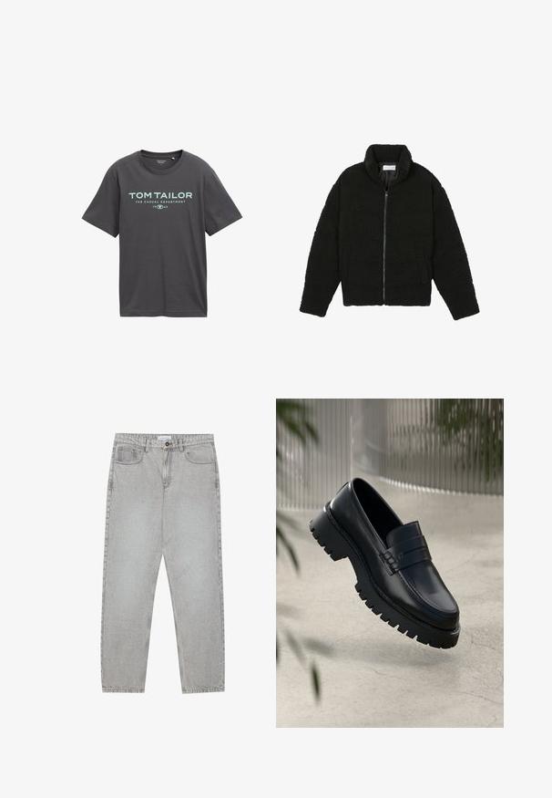 Črna jakna iz umetnega krzna z visokim ovratnikom, z zadrgo, elastičnimi manšetami in kviltanim dizajnom. Ima stranske žepke in mehak tekstur.; Temno siva bombažna majica s kratkimi rokavi, okroglo izrezovanje in potiskanimi napisom v zeleni barvi, ki vključujeta "TOM TAILOR" in "THE CASUAL DEPARTMENT."; Svetlo sivi traper hlače s ravnim krojem, pet žepov in gumbom za zapiranje. Vidno šivanje ob šivih.; Črne usnjene loaferje z debelim podplatom, ki imajo dekorativno zanko in detajl šivanja. Gladka tekstura z sijočo obdelavo.