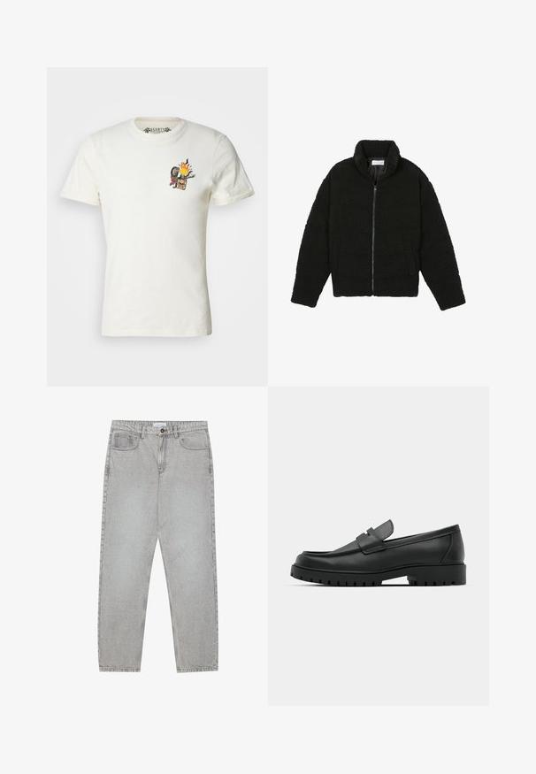 Melnā mākslīgā kažokādas jaka ar augstu apkakli, ar rāvējslēdzēju, elastīgām piedurknēm un kvadrātveida šuvēm. Iespējotas sānu kabatas un mīksta tekstūra.; Īsām piedrukāta balta kokvilnas T-kreklu ar krāsainu grafiku, kurā attēlots liesma, skelets, uzgriežņu atslēga un roze kreisajā krūšu daļā.; Gai pelēko džinsu bikses ar taisnajām kājām, piecu kabatu stilu un pogu aizdari. Redzama šuvju apstrāde gar šuvēm.; Melnas ādas loafers ar noapaļotu purngalu, ar izšūtu dizainu, zemu platformas zoli un teksturētu, rievotu gumijas ārējo zoli.