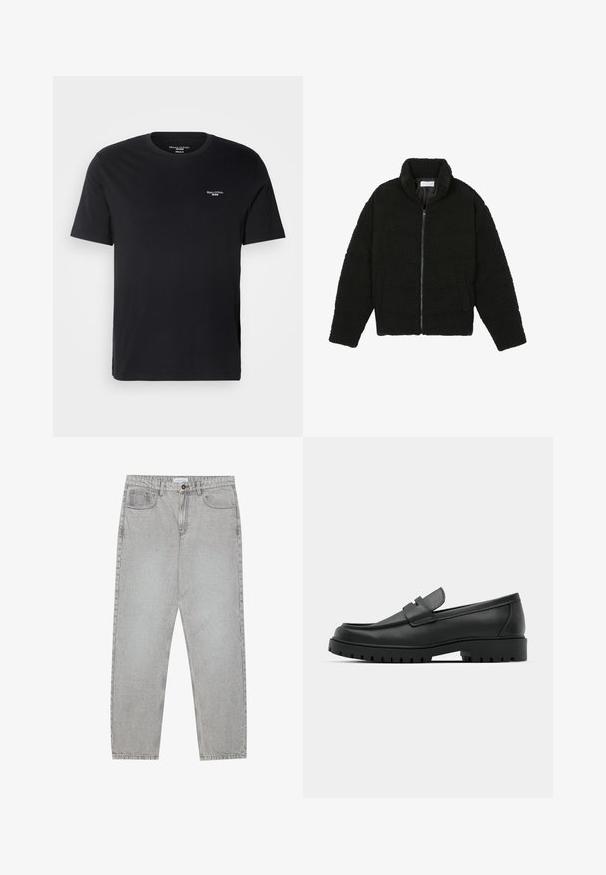 Černá umělá kožešinová bunda s vysokým límcem, zipovým uzávěrem, elastickými manžetami a prošívaným designem. Obsahuje postranní kapsy a jemnou texturu.; Černé tričko s krátkým rukávem vyrobené z bavlny, s klasickým kulatým výstřihem a malým bílým logem na levé části hrudi. Jednoduchý, klasický design.; Světlé šedé džíny s rovnými nohavicemi, pět kapsami a knoflíkovým zapínáním. Viditelné švy podél švů.; Černé kožené mokasíny s kulatou špičkou, zdobené prošitím, s nízkou platformou a texturovanou gumovou podrážkou s drážkováním.