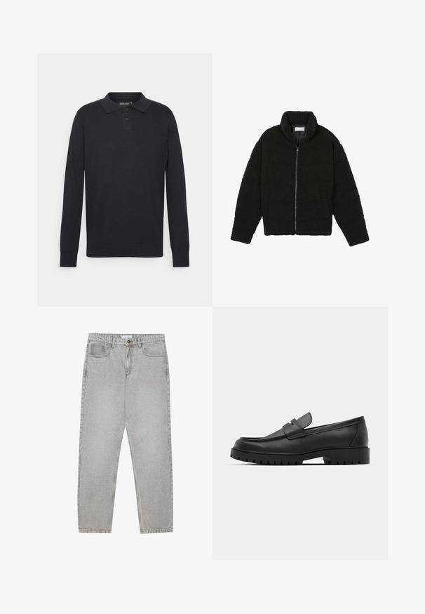 Zwarte faux fur jas met een hoge kraag, ritssluiting, elastische manchetten en een doorgestikt ontwerp. Beschikt over zijzakken en een zachte textuur.; Zwarte lange mouwen polo shirt gemaakt van katoen, met een kraag, drie knopen en geribde manchetten. Eenvoudig, klassiek ontwerp.; Lichtgrijze denimbroek met een recht model, vijfzakkenstijl en een knoopsluiting. Zichtbare stiksels langs de naden.; Zwarte leren instappers met een ronde neus, voorzien van een gestikt ontwerp, een lage platformzool en een gestructureerde, grof rubberen buitenzool.