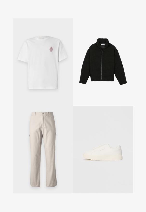 Veste en fausse fourrure noire avec un col haut, fermeture éclair, poignets élastiques et un design matelassé. Elle possède des poches latérales et une texture douce.; T-shirt en coton blanc à manches courtes, avec un motif diamant brodé rouge sur la partie gauche de la poitrine. Col rond classique.; Pantalons cargo beiges en coton résistant, à jambes droites, avec une fermeture par bouton à l'avant et des poches latérales pratiques. Texture lisse avec des coutures subtiles.; Baskets blanches sans lacets avec une surface texturée, une semelle épaisse et un design minimaliste. Présente le logo de la marque sur le côté.