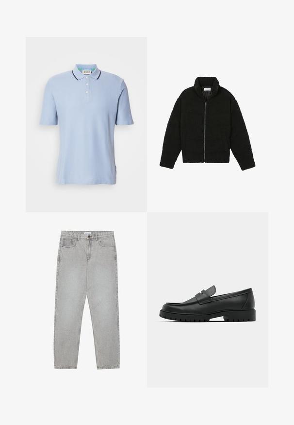 Schwarze Kunstpelzjacke mit hohem Kragen, Reißverschluss, elastischen Bündchen und gestepptem Design. Verfügt über seitliche Taschen und eine weiche Textur.; Helles blaues Poloshirt aus geripptem Stoff, ausgestattet mit einer Knopfleiste mit zwei Knöpfen, kurzen Ärmeln und einem marineblauen Besatz am Kragen.; Helle graue Jeanshose mit gerade geschnittenem Design, Fünf-Taschen-Stil und Knopfverschluss. Sichtbare Nähte entlang der Seitennähte.; Schwarze Lederloafer mit runder Zehenform, ausgestattet mit einem gesteppten Design, niedrigem Plattformsohle und einer strukturierten, genoppten Gummisohle.