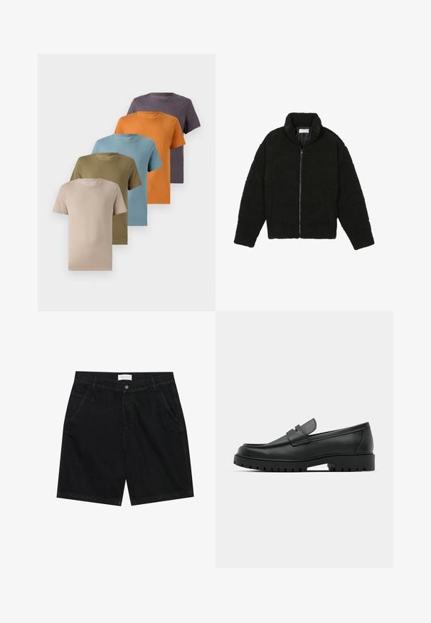 Fekete műszőrme dzseki magas gallérral, cipzáros záródással, rugalmas mandzsettákkal és steppelt mintázattal. Oldalsó zsebekkel rendelkezik, és puha tapintású.; Öt környakú póló sorban elhelyezve, amelyek bézs, olíva zöld, világoskék, narancssárga és sötétlila színekben pompáznak. Simára szőtt anyag textúra.; Fekete farmer sort klasszikus fazonban, két elülső zsebbel, gombos záródással és címkével a deréknál. Texturált anyag.; Fekete bőr loafer cipők kerek orral, varrott mintázattal, alacsony platformtalpú és texturált, barázdált gumitalppal.