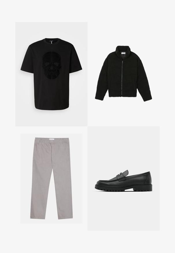 Must must karusnahast jakk kõrge kraega, lukuga sulgemine, elastsed varrukad ja tikandmuster. Omab küljetaskuid ja pehmet tekstuuri.; Must värvi puuvillane T-särk, mille esiküljel on tekstuuriga must kolju disain. Lühikesed varrukad ja ümar kaelus; sirge lõige hemmi ääres.; Heledad hallid puuvillased püksid, millel on elastne vöökoht, kaks külgtaskut, sirge jala disain ja sile tekstuur. Lihtne õmbluse detail.; Mustad musta nahast loafers, millel on ümar varvas, tikandiga disain, madal platvorm-soon ja tekstureeritud, soonikkummist välistald.