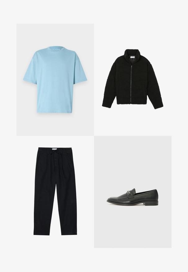 Fekete műszőrme dzseki magas gallérral, cipzáros záródással, rugalmas mandzsettákkal és steppelt mintázattal. Oldalsó zsebekkel rendelkezik, és puha tapintású.; Világoskék pamut póló kerek nyakkal, rövid ujjú és laza fit egységgel. Sima textúra és minimalista dizájn.; Pier One Vászonnadrágok - black; Fekete bőr loaferek sima felülettel, varrott mintával és díszítő fém lánccal a cipő elején. Lapos sarok.