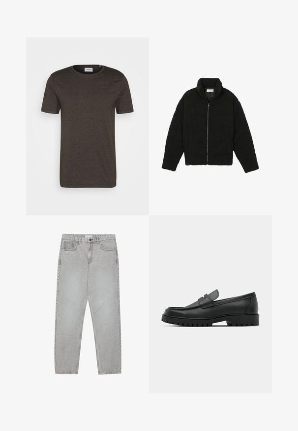 Černá umělá kožešinová bunda s vysokým límcem, zipovým uzávěrem, elastickými manžetami a prošívaným designem. Obsahuje postranní kapsy a jemnou texturu.; Tmavě zelené tričko s krátkým rukávem, kulatý výstřih, hladká textura, bez vzorů či akcentů, jednoduchý design, vhodné pro každodenní nošení.; Světlé šedé džíny s rovnými nohavicemi, pět kapsami a knoflíkovým zapínáním. Viditelné švy podél švů.; Černé kožené mokasíny s kulatou špičkou, zdobené prošitím, s nízkou platformou a texturovanou gumovou podrážkou s drážkováním.