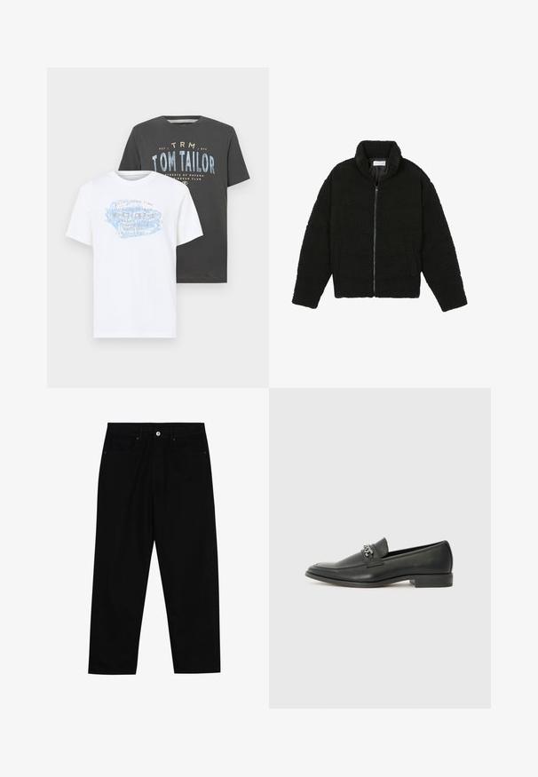 Svart fuskepelsjakke med høy krage, glidelås, elastiske mansjetter og quiltet design. Har sidelommer og en myk tekstur.; To bomulls t-skjorter: en hvit med blå og oransje grafisk tekst, og en mørkegrå med blå og hvit tekst, begge med kort erm.; Sorte denimbukser med rett benklipp, fem-lomme design og frontknappåpning. Jevn tekstur med minimale sømdetaljer.; Sorte skinnloafers med en glatt finish, og med en sydd design og en dekorativ metallkjedeakcent over foten. Flat hæl.