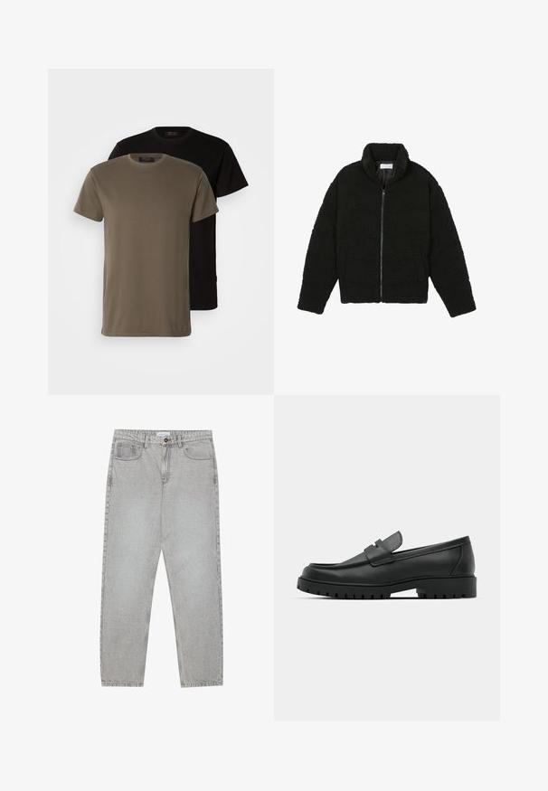 Čierna umelá kožušinová bunda s vysokým golierom, zipsom, elastickými manžetami a prešívaným dizajnom. Má bočné vrecká a jemnú textúru.; Dve tričká s krátkymi rukávmi v tmavo olivovej a čiernej farbe, s okrúhlym výstrihom a hladkou bavlnenou textúrou.; Svetlošedé denimové nohavice s rovným strihom, piatimi vreckami a zapínaním na gombík. Viditeľné švy pozdĺž švov.; Čierne kožené mokasíny s okrúhlou špičkou, s prešitým dizajnom, nízkou platformou a textúrovanou, zúbkovanou gumovou podrážkou.