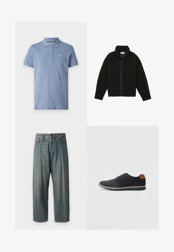 Schwarze Kunstpelzjacke mit hohem Kragen, Reißverschluss, elastischen Bündchen und gestepptem Design. Verfügt über seitliche Taschen und eine weiche Textur.; Polohemd aus leichtem blauen Baumwollstoff, mit einem klassischen Kragen, einer Knopfleiste mit drei Knöpfen und einem kleinen Logo auf der linken Brust. Kurze Ärmel.; Helle blaue Denim-Jeans mit lockerer Passform, mittelhoher Taille und geraden Beinen. Hat fünf Taschen, Gürtelschlaufen und einen Knopfverschluss.; Schwarze synthetische Schuhe mit einer strukturierten Oberseite, glatten Akzenten, braunem Absatz und einer kontrastierenden Sohle. Verfügt über minimale Schnürung und Nähdetails.