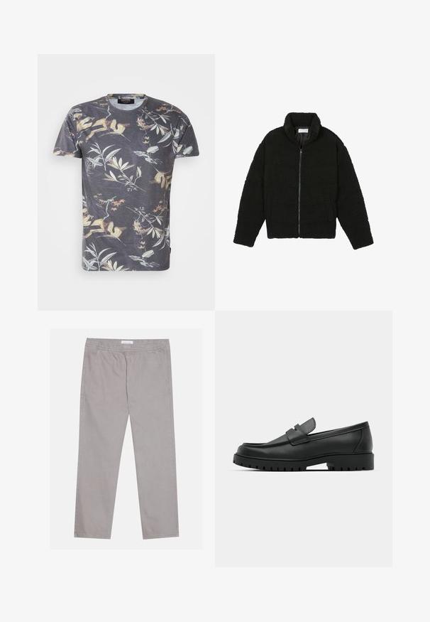 Čierna umelá kožušinová bunda s vysokým golierom, zipsom, elastickými manžetami a prešívaným dizajnom. Má bočné vrecká a jemnú textúru.; T-shirt s krátkym rukávom v tmavosivej farbe s viacfarebnou botanickou potlačou, obsahujúcou listy a vetvy, s okrúhlym výstrihom a štandardným strihom.; Svetlo šedé bavlnené nohavice s elastickým pásom, dvoma bočnými vreckami, rovnými nohavicami a hladkou textúrou. Jednoduché švy.; Čierne kožené mokasíny s okrúhlou špičkou, s prešitým dizajnom, nízkou platformou a textúrovanou, zúbkovanou gumovou podrážkou.