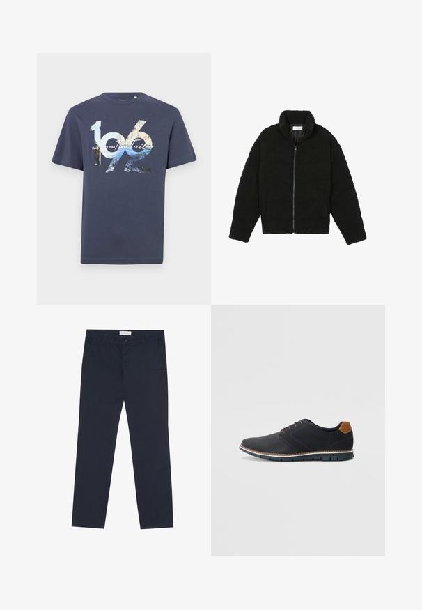 Casaco de pelo sintético preto com gola alta, fecho de zip, punhos elásticos e um design acolchoado. Apresenta bolsos laterais e uma textura suave.; T-shirt de algodão azul marinho com estampas gráficas ousadas apresentando os números "1962" e o texto da marca, mangas curtas e decote redondo.; Chinos azul-marinho feitos de algodão com uma textura suave, apresentando um fecho de correr, passantes para cinto e bolsos laterais para funcionalidade.; Sapatos sintéticos pretos com um upper texturizado, pormenores lisos, salto castanho e uma sola contrastante. Apresentam um sistema de atacadores mínimo e detalhes de costura.