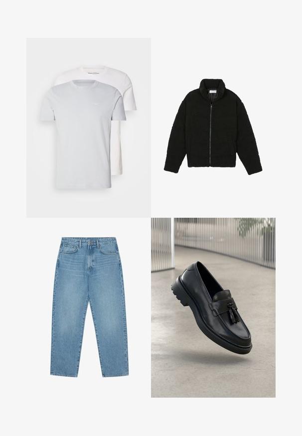 Fekete műszőrme dzseki magas gallérral, cipzáros záródással, rugalmas mandzsettákkal és steppelt mintázattal. Oldalsó zsebekkel rendelkezik, és puha tapintású.; Két rövid ujjú póló, az egyik világosszürke, a másik fehér, pamutból készült, kerek nyakkivágással. Finom logó a szürke pólón.; Világoskék farmer széles szárú nadrág magas derékkal, öt zsebből, övhurkokkal és puha, enyhén fakó textúrával.; Fekete bőrből készült mokaszinok sima felülettel, díszes bojttal, vastag gumitalppal és varrott részletekkel. Könnyű és elegáns kialakítás.