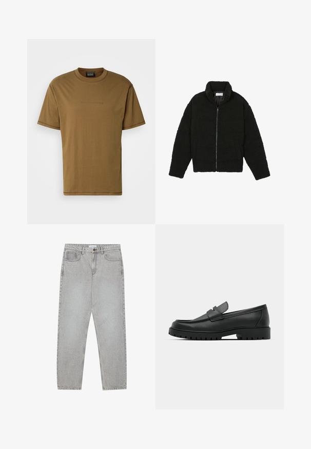 Sort faux fur jakke med høj krave, lynlås lukning, elastiske ærmer og et quiltet design. Har sidelommer og en blød tekstur.; Brun bomulds t-shirt med rund hals, korte ærmer og tonal "SCOTCH & SODA" logo broderet på forsiden. Flad kantdesign.; Lysegrå denimbukser med lige ben, fem lommer og knaplukning. Synlig syning langs sømmene.; Sorte læder loafers med rund tå, der har et syet design, lav platformssål og en struktureret, skridsikker gummisål.