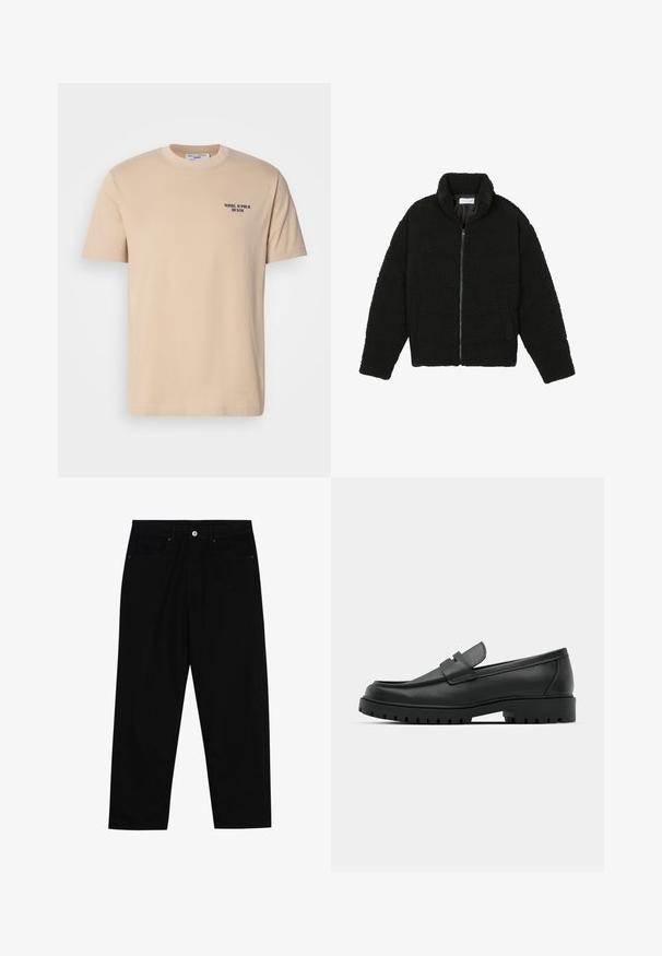 Sort faux fur jakke med høj krave, lynlås lukning, elastiske ærmer og et quiltet design. Har sidelommer og en blød tekstur.; Beige bomulds t-shirt med korte ærmer, rund halsudskæring og et lille mørkeblå logo på venstre bryst. Glat tekstur, enkelt design.; Sorte denimbukser med lige ben, fem lomme-design og knaplukning foran. Glat tekstur med minimale syninger.; Sorte læder loafers med rund tå, der har et syet design, lav platformssål og en struktureret, skridsikker gummisål.