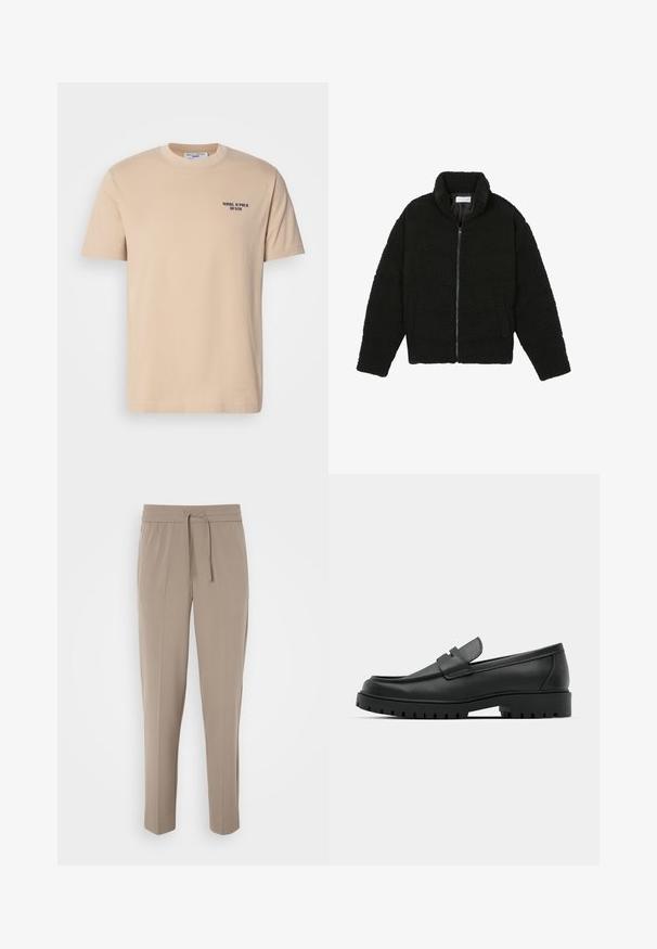 Juoda dirbtinė kailio striukė su aukštu apykakle, užtrauktuku, elastingomis rankovėmis ir siuvinėtu raštu. Su šoninėmis kišenėmis ir švelnia tekstūra.; Bežinė medvilninė marškinėliai su trumpomis rankovėmis, apvaliu iškirpimu ir mažuoju tamsiai mėlynu logotipu kairėje krūtinėje. Sklandi tekstūra, paprastas dizainas.; Šviesiai beigės kelnės su elastiniu juosmeniu, reguliuojama raišteliu ir siaurėjantys kojomis. Audinys atrodo lygus su švelniu blizgesiu.; Juodi odiniai loaferiai su apvalia nosimi, su siuvinėtu dizainu, žemu platformos padu ir tekstūruotu, sukibimo raštu padu.