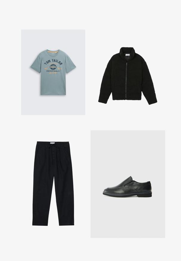 Svart fuskepelsjakke med høy krage, glidelås, elastiske mansjetter og quiltet design. Har sidelommer og en myk tekstur.; Lys blå bomull t-skjorte med korte ermer. Har grafisk tekst i mørk blått og oransje: "TOM TAILOR" og "PREMIUM QUALITY." Enkel rund halslinning.; Pier One Chinos - black; Sorte skinn slip-on sko med en jevn overflate, stikking detaljer, rund tå og en lav gummihæl. Sålen har minimal mønstring.