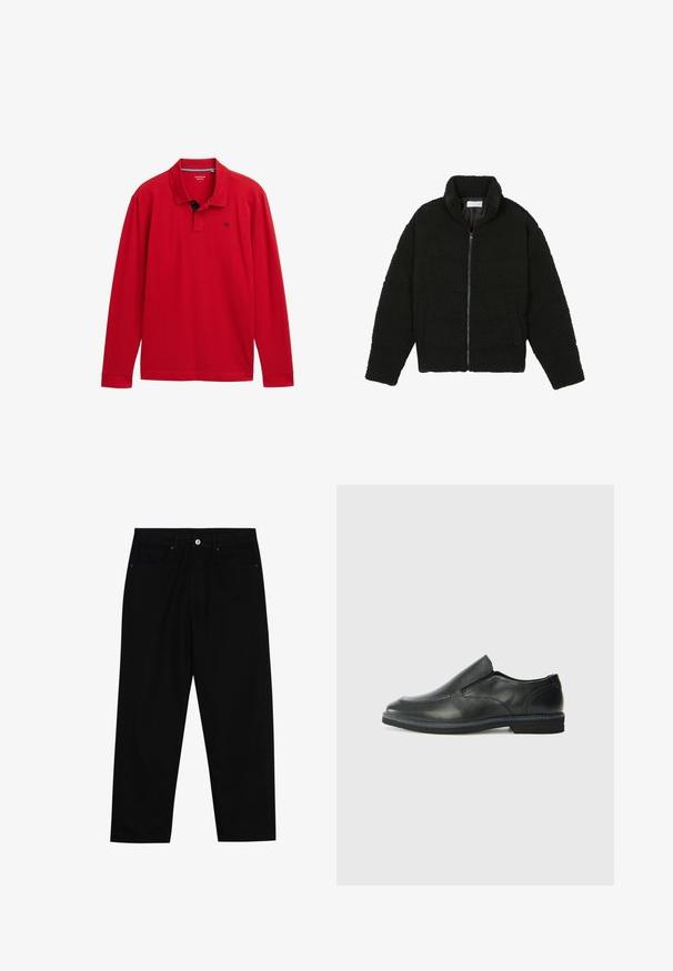 Giacca in pelliccia sintetica nera con colletto alto, chiusura con zip, polsini elasticizzati e design trapuntato. Presenta tasche laterali e una consistenza morbida.; Polo a maniche lunghe rosso con colletto, con un accento blu navy e un piccolo logo sul petto. Realizzato in morbido cotone.; Pantaloni in denim nero con taglio dritto, design a cinque tasche e chiusura frontale con bottone. Tessuto liscio con dettagli di cucitura minimi.; Scarpa nera in pelle con inserto scivolare, superiore liscio, dettagli cuciti, punta arrotondata e tacco in gomma basso. La suola presenta un battistrada minimale.