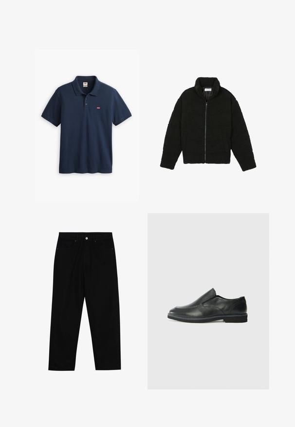 Svart faux fur-jacka med hög krage, dragkedjestängning, elastiska manschetter och ett kviltat mönster. Har sidofickor och en mjuk textur.; Mörkblå pikétröja i bomull, med krage, tre-knappars placket och en liten Levi's logotyp på vänster bröst.; Svarta denimbyxor med rak passform, femficksdesign och framknäppning. Slät textur med minimala sömdetaljer.; Svart lädersko i slip-on-modell med en slät ovandel, sömnadsdetaljer, rund tå och låg gummihäl. Sulan har minimal mönstring.