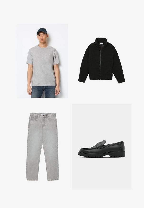Fekete műszőrme dzseki magas gallérral, cipzáros záródással, rugalmas mandzsettákkal és steppelt mintázattal. Oldalsó zsebekkel rendelkezik, és puha tapintású.; Szürke pamut póló rövid ujjal és kerek nyakkivágással, sötétkék farmernadrággal és egy az elején logóval ellátott, passzoló sapkával párosítva.; Világosszürke farmernadrág egyenes szabással, öt zsebes stílusban, gombos záródással. Látható varrások az illesztéseknél.; Fekete bőr loafer cipők kerek orral, varrott mintázattal, alacsony platformtalpú és texturált, barázdált gumitalppal.