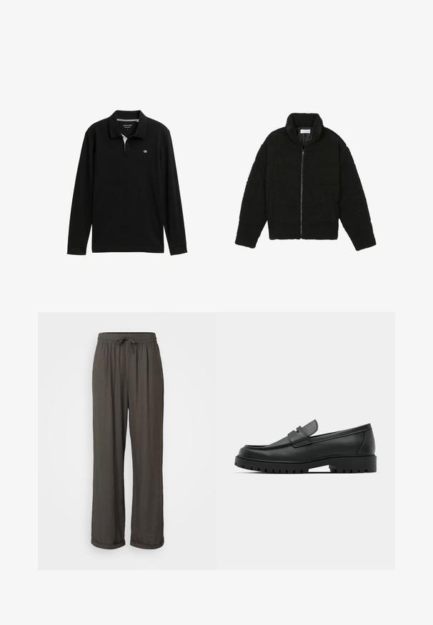 Must must karusnahast jakk kõrge kraega, lukuga sulgemine, elastsed varrukad ja tikandmuster. Omab küljetaskuid ja pehmet tekstuuri.; Must musta varrukatega polo särk klassikalise kraega, millel on valge sisekrae ja logo rinnal. Sile tekstuur ja regulaarne lõige.; Tumedat hallid laiad püksid nööriga vööl, valmistatud pehmest, tekstuuriga kangast, millel on pahkluu juures keeratud kraed.; Mustad musta nahast loafers, millel on ümar varvas, tikandiga disain, madal platvorm-soon ja tekstureeritud, soonikkummist välistald.