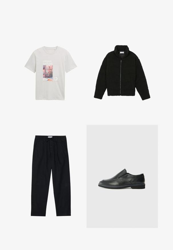 Schwarze Kunstpelzjacke mit hohem Kragen, Reißverschluss, elastischen Bündchen und gestepptem Design. Verfügt über seitliche Taschen und eine weiche Textur.; Hellegraues Baumwoll-T-Shirt mit grafischem Design, das den Text "Urban Nature", eine illustrierte Straßenszene und verschiedene akzentuierte Muster zeigt.; Pier One Chino - black; Schwarze Leder-Slipper mit glattem Obermaterial, gesteppten Akzenten, runder Zehenpartie und niedrigem Gummiabsatz. Die Sohle hat ein minimales Profil.