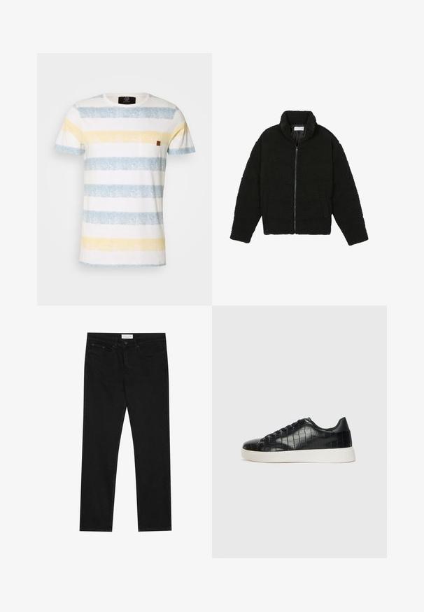 Black faux fur jacket with a high collar, zip closure, elastic cuffs, and a quilted design. Features side pockets and a soft texture.; Striped cotton t-shirt featuring horizontal light blue, yellow, and white bands. Includes a small brown leather accent on the chest pocket.; Black straight-leg jeans with five-pocket design, button and zip fly closure, and a Pier One brand label on the waistband.; Black sneakers featuring a textured croc-embossed leather upper, rounded toe, and a contrasting white rubber sole with a smooth finish.