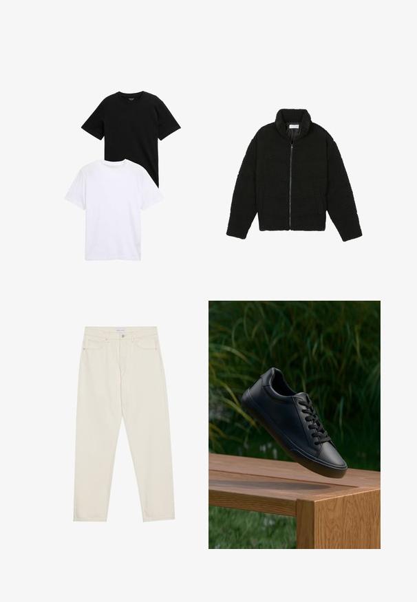Zwarte faux fur jas met een hoge kraag, ritssluiting, elastische manchetten en een doorgestikt ontwerp. Beschikt over zijzakken en een zachte textuur.; Korte mouwen T-shirts in zwart en wit katoen, met een ronde hals en een gladde textuur. Beide shirts zijn gestapeld tentoongesteld.; Beige denim jeans met een rechte pasvorm, voorzien van vijf zakken, een knoopsluiting en subtiele stikseldetails. Gladde textuur.; Zwarte leren sneaker met een gladde textuur, ronde neus, en platte veters, geplaatst boven een houten oppervlakte met groene gras op de achtergrond.