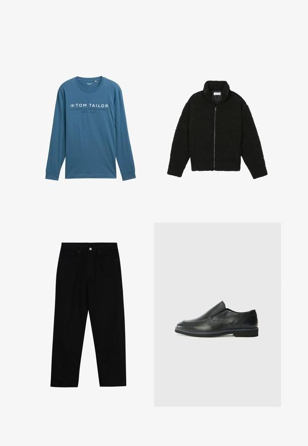 Black faux fur jacket with a high collar, zip closure, elastic cuffs, and a quilted design. Features side pockets and a soft texture.; Long-sleeve teal T-shirt made of soft cotton with a crew neck, featuring white text that reads "TOM TAILOR AUTHENTIC DENIM DEPARTMENT."; Black denim pants featuring a straight-leg cut, five-pocket design, and a front button closure. Smooth texture with minimal stitching details.; Black leather slip-on shoe with a smooth upper, stitched accents, rounded toe, and a low rubber heel. Sole features minimal tread.