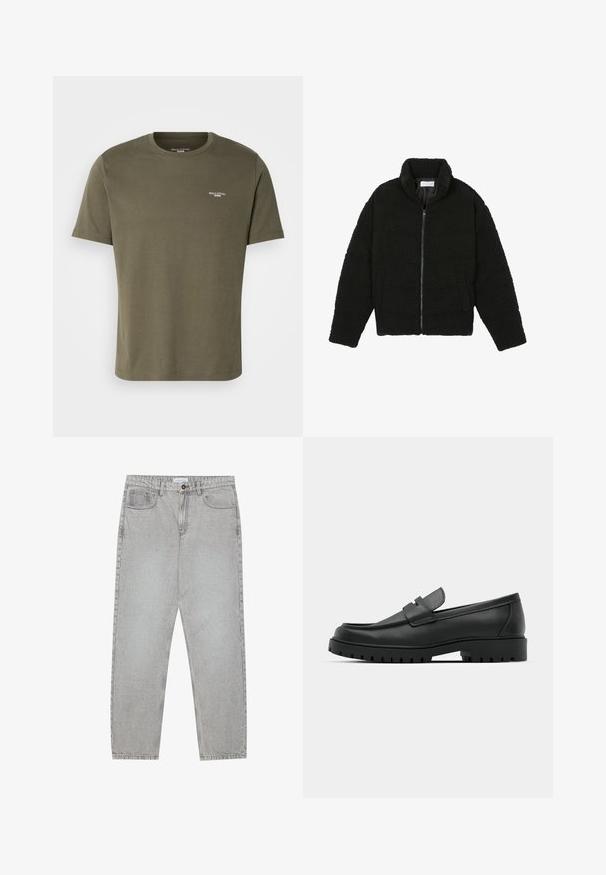 Čierna umelá kožušinová bunda s vysokým golierom, zipsom, elastickými manžetami a prešívaným dizajnom. Má bočné vrecká a jemnú textúru.; Olivovo zelené bavlnené tričko s krátkymi rukávmi, okrúhlym výstrihom a malým bielym logom na hrudi. Hladká štruktúra a voľný strih.; Svetlošedé denimové nohavice s rovným strihom, piatimi vreckami a zapínaním na gombík. Viditeľné švy pozdĺž švov.; Čierne kožené mokasíny s okrúhlou špičkou, s prešitým dizajnom, nízkou platformou a textúrovanou, zúbkovanou gumovou podrážkou.