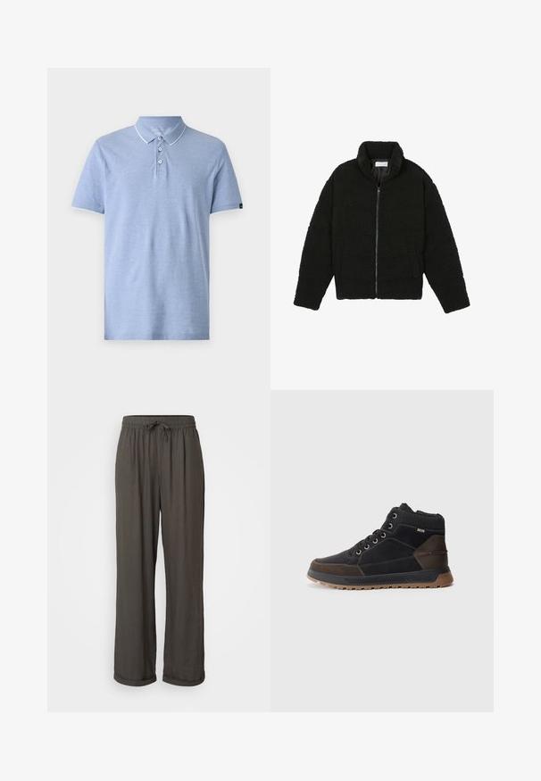 Casaco de pelo sintético preto com gola alta, fecho de zip, punhos elásticos e um design acolchoado. Apresenta bolsos laterais e uma textura suave.; Polo de cor azul clara feito de tecido suave. Apresenta um colarinho, três botões e um acabamento branco no colarinho e nas mangas. Design de corte clássico.; Calças largas de cor cinza escuro com um cós ajustável, feitas de um tecido macio e texturizado, apresentando punhos dobrados nos tornozelos.; Sapatilhas de cano alto para homem em preto e castanho. Feitas de couro e materiais sintéticos, com um colarinho texturizado, atacadores e sola de borracha.