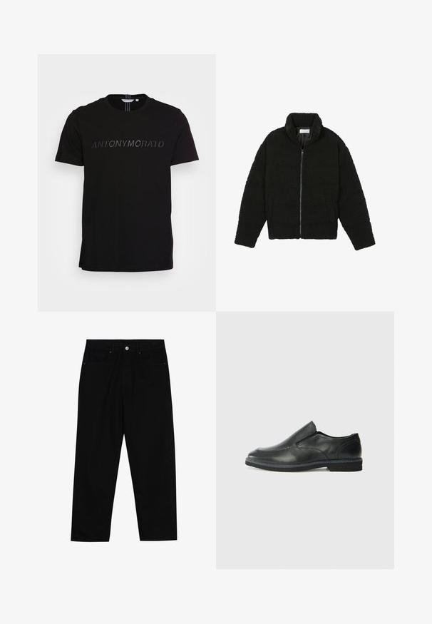 Casaco de pelo sintético preto com gola alta, fecho de zip, punhos elásticos e um design acolchoado. Apresenta bolsos laterais e uma textura suave.; Antony Morato T-shirt estampada - black; Calças de ganga pretas com corte straight-leg, design de cinco bolsos e fecho frontal por botão. Tecido suave com detalhes de costura mínimos.; Sapato slip-on preto em pele com um upper liso, acabamentos cosidos, bico arredondado e um salto de borracha baixo. A sola apresenta um padrão de aderência mínimo.