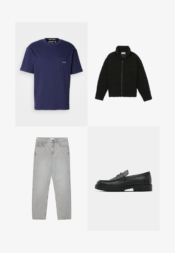 Black faux fur jacket with a high collar, zip closure, elastic cuffs, and a quilted design. Features side pockets and a soft texture.; Navy blue short-sleeve t-shirt with a textured fabric, featuring horizontal stripes and a small chest pocket with a logo.; Light grey denim pants with a straight-leg design, five-pocket styling, and a button closure. Visible stitching along the seams.; Black leather loafers with a rounded toe, featuring a stitched design, low platform sole, and a textured, lugged rubber outsole.