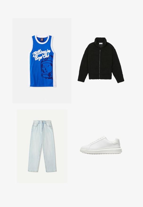 Jachetă din blană sintetică neagră, cu guler înalt, închidere cu fermoar, manșete elastice și un design matlasat. Dispune de buzunare laterale și o textură moale.; Top din plasă bleu, cu logo-ul alb "Billionaire Boys Club" și o grafică cu un astronaut. Finisaje albe pe mâneci și la gât.; Blugi din denim de culoare albastru deschis, cu o croială relaxată, design cu picior drept, stilizare cu cinci buzunare și decolorare subtilă pe material.; Adidași albi cu un upper sintetic neted, vârf rotund, șireturi plate, talpă texturată și un design pe straturi, oferind un plus de înălțime.