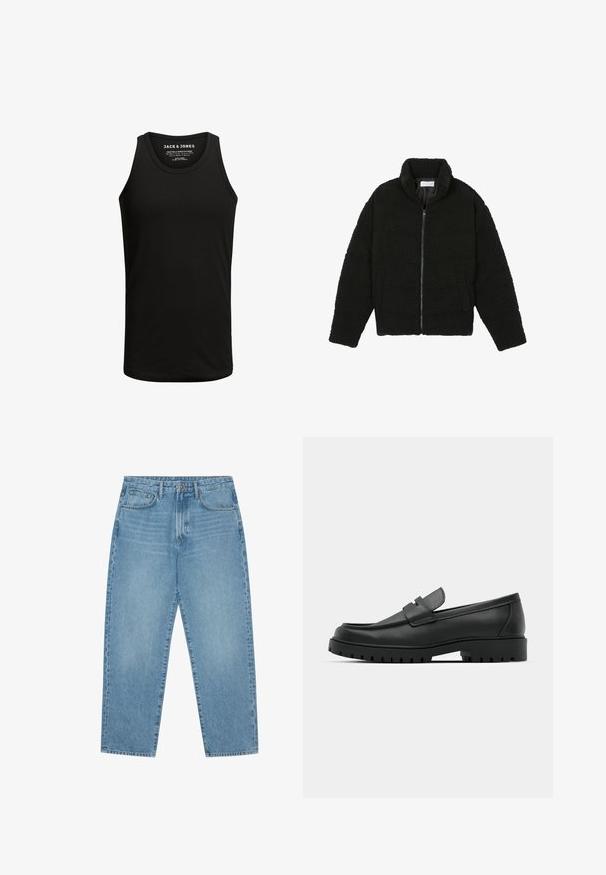 Must must karusnahast jakk kõrge kraega, lukuga sulgemine, elastsed varrukad ja tikandmuster. Omab küljetaskuid ja pehmet tekstuuri.; Must have puuvillasegust valmistatud must tank top, millel on klassikaline ümmargune kaelus ja ilma varrukateta disain. Üksluisem tekstuur, ilma mustrite või aktsentideta.; Heledad tumesinised lai jalgadega teksad kõrge vöökohtaga, millel on viis taskut, vöökohad ja pehme, kergelt pleekinud tekstuur.; Mustad musta nahast loafers, millel on ümar varvas, tikandiga disain, madal platvorm-soon ja tekstureeritud, soonikkummist välistald.