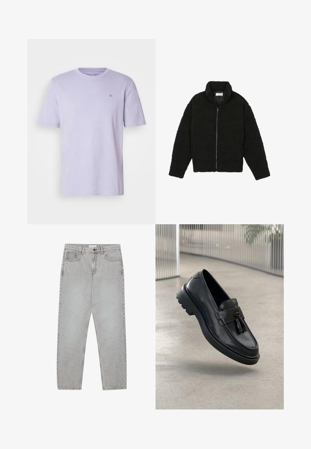 Schwarze Kunstpelzjacke mit hohem Kragen, Reißverschluss, elastischen Bündchen und gestepptem Design. Verfügt über seitliche Taschen und eine weiche Textur.; Helllila Baumwoll-T-Shirt mit rundem Halsausschnitt, kurzen Ärmeln und einem kleinen Logo, das auf der Brust gestickt ist. Weicher Stoff und normale Passform.; Helle graue Jeanshose mit gerade geschnittenem Design, Fünf-Taschen-Stil und Knopfverschluss. Sichtbare Nähte entlang der Seitennähte.; Schwarze Leder-Loafer mit glatter Oberfläche, dekorativem Quasten, dicker Gummisohle und abgesteppten Akzenten. Leichtes und schlankes Design.