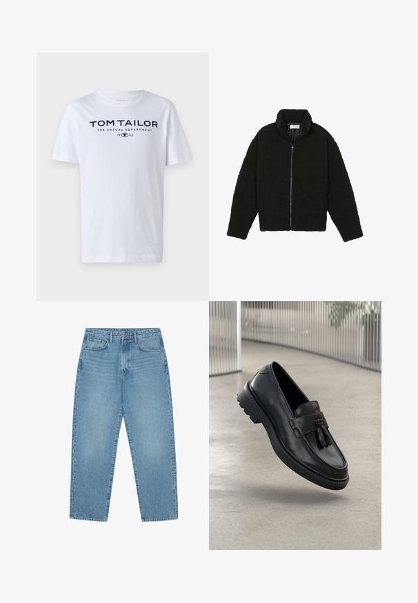 Fekete műszőrme dzseki magas gallérral, cipzáros záródással, rugalmas mandzsettákkal és steppelt mintázattal. Oldalsó zsebekkel rendelkezik, és puha tapintású.; Fehér pamut póló, kerek nyakkal, rövid ujjakkal, sötétkék felirattal, amely így szól: "TOM TAILOR A LAZA OSZTÁLY 1962."; Világoskék farmer széles szárú nadrág magas derékkal, öt zsebből, övhurkokkal és puha, enyhén fakó textúrával.; Fekete bőrből készült mokaszinok sima felülettel, díszes bojttal, vastag gumitalppal és varrott részletekkel. Könnyű és elegáns kialakítás.