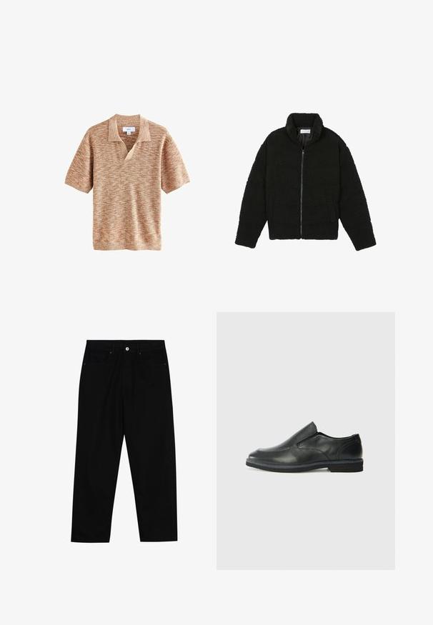 Melnā mākslīgā kažokādas jaka ar augstu apkakli, ar rāvējslēdzēju, elastīgām piedurknēm un kvadrātveida šuvēm. Iespējotas sānu kabatas un mīksta tekstūra.; Īsām piedurknēm pulovers no teksturēta gaismas brūna adījuma ar apkakli un V-veida kakla izgriezumu. Iezīmē diagonālu rakstu visā virsmā.; Melni džinsi ar taisnu kāju griezumu, piecu kabatu dizainu un priekšēju pogu aizdari. Gluda tekstūra ar minimālu šuvju detaļu skaitu.; Melnas ādas slip-on kurpes ar gludu augšdaļu, izšūtām akcentiem, noapaļotu purngala daļu un zemu gumijas papēdi. Zole ar minimālu rakstu.