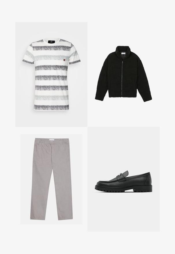 Crna jakna od umjetnog krzna s visokim ovratnikom, zatvaranjem na zip, elastičnim manžetama i kviltanim dizajnom. Sadrži bočne džepove i mekanu teksturu.; Pamučna majica s horizontalnim prugama u crnoj, sivoj i svijetlo sivoj boji. Uključuje mali džep na prsima i okrugli izrez.; Svijetlosive pamučne hlače s elastičnom pojasom, dva bočna džepa, ravni kroj nogavica i glatka tekstura. Jednostavni detalj šivanja.; Crne kožne mokasine s zaobljenim vrhom, s ušivenim dizajnom, niskom platformom i teksturiranim, gumenim potplatom s izbočinama.
