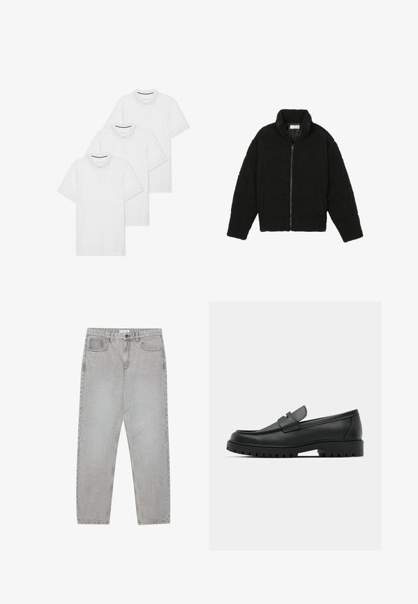 Casaco de pelo sintético preto com gola alta, fecho de zip, punhos elásticos e um design acolchoado. Apresenta bolsos laterais e uma textura suave.; Três camisetas polo brancas lisas com colarinho, mangas curtas, abertura com botão e um pequeno detalhe em azul-marinho dentro do colarinho.; Calças de ganga cinza claro com um design de perna reta, estilo de cinco bolsos e fecho com botão. Costura visível ao longo das costuras.; Sapatilhas de couro preto com bico arredondado, apresentando um design cosido, sola de plataforma baixa e um solado de borracha texturizado e com cravos.