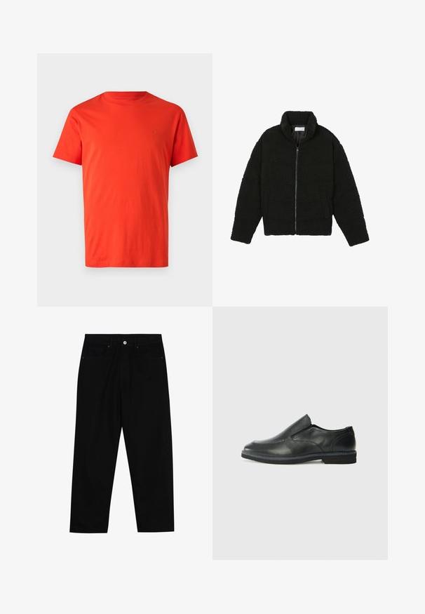 Musta tekokarvalehtijakku korkean kauluksen, vetoketjun, joustavat hihansuut ja tilkkutäkkikuvion. Sisältää sivutaskut ja pehmeän pinnan.; Punainen puuvillapaita lyhyillä hihoilla, pyöreällä kauluksella ja sävy sävyyn -logo-yksityiskohdalla vasemmassa rinnassa. Sileä tuntuma ja normaali istuvuus.; Mustat farkut suoraan lahkeella, viisi taskua ja etunappikiinnitys. Sileä rakenne, jossa on vain vähäisiä ompelualueita.; Musta nahkainen liukujalkine, jossa on sileä pinta, ommeltuja yksityiskohtia, pyöristetty kärki ja matala kumipohja. Pohjassa on minimaalinen pito.