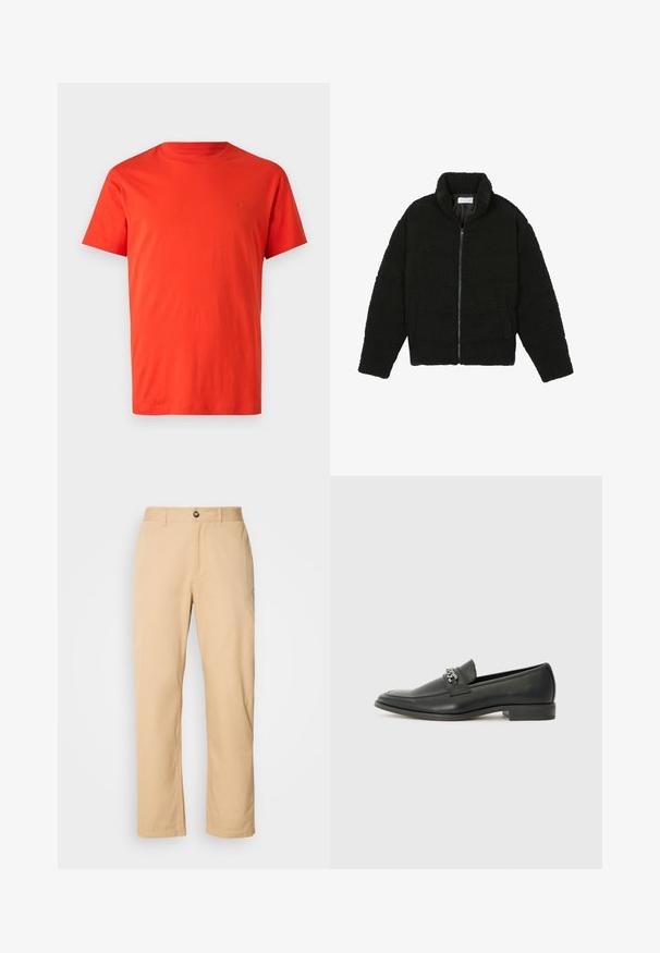 Schwarze Kunstpelzjacke mit hohem Kragen, Reißverschluss, elastischen Bündchen und gestepptem Design. Verfügt über seitliche Taschen und eine weiche Textur.; Rotes Baumwoll-T-Shirt mit kurzen Ärmeln, Rundhalsausschnitt und tonalem Logo-Detail auf der linken Brust. Glatte Textur und normale Passform.; Khaki Baumwollhosen mit geradem Beinschnitt, ausgestattet mit einem vorderen Knopfverschluss und Gürtelschlaufen. Glatte Textur und einfarbige Oberfläche.; Schwarzer Lederloafer mit glatter Oberfläche, ausgestattet mit einer gesteppten Gestaltung und einem dekorativen Metallkettendetail über dem Vorderblatt. Flacher Absatz.