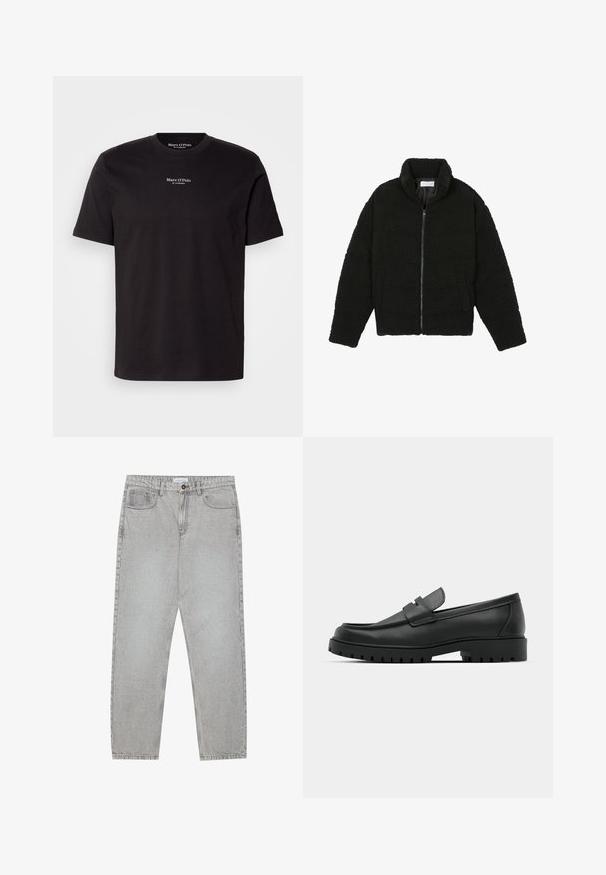 Črna jakna iz umetnega krzna z visokim ovratnikom, z zadrgo, elastičnimi manšetami in kviltanim dizajnom. Ima stranske žepke in mehak tekstur.; Črna bombažna majica s kratkimi rokavi, okroglo ovratnikom in belim logotipom natisnjenim na prsih. Preprost, klasičen dizajn.; Svetlo sivi traper hlače s ravnim krojem, pet žepov in gumbom za zapiranje. Vidno šivanje ob šivih.; Črne usnjene loafers čevlje z zaobljenim nosom, ki imajo šivano zasnovo, nizko platformo in teksturiran, profiliran gumijast podplat.
